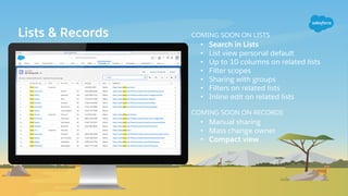 Lists & Records COMING SOON ON LISTS
• Search in Lists
• List view personal default
• Up to 10 columns on related lists
• Filter scopes
• Sharing with groups
• Filters on related lists
• Inline edit on related lists
COMING SOON ON RECORDS
• Manual sharing
• Mass change owner
• Compact view
 