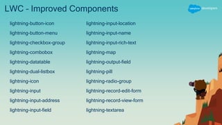 LWC – Improved Components
lightning-button-icon
lightning-button-menu
lightning-checkbox-group
lightning-combobox
lightning-datatable
lightning-dual-listbox
lightning-icon
lightning-input
lightning-input-address
lightning-input-field
lightning-input-location
lightning-input-name
lightning-input-rich-text
lightning-map
lightning-output-field
lightning-pill
lightning-radio-group
lightning-record-edit-form
lightning-record-view-form
lightning-textarea
 