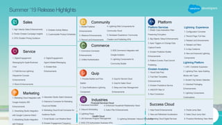 1. Process Builder and Flow
Builder
2. Quip Notifications Lightning
Component
Summer ’19 ReleaseHighlights
Sales
1. High Velocity Sales Enhancements
2. Pardot: Einstein Campaign Insights
3. CPQ: Einstein Pricing Guidance
4. Eintstein Activity Metrics
5. Customizable Product Schedules
1. DigitalEngagement:
Messagingfor AppleBusiness
Chat
2. FieldServiceLightning:
DispatcherConsole
Enhancements
3. MacroEnhancements
4. DigitalEngagement:
Agent-InitiatedMessaging
5.EinsteinBots
Enhancements
Service
Marketing
1. Marketing Cloud Integration with
Google Analytics 360
Enhancements
2. Advertising Studio Integration
with Google Customer Match
3. Advertising Studio Integration
with Pinterest
4. Interaction Studio: Batch Decisions
5. Datorama Connector forMarketing
Cloud and Mobile
6. Marketing Cloud Email Connector for
Audience Studio
7. Email Studio: Live Weather Block
8. Einstein Engagement Frequency
Community
Commerce
1. Commerce Connector
Enhancements
2. Unified Authentication
3. B2B Commerce Integration with
Google Analytics
4. Lightning Components for
Community Builder
Quip
3. Quip for Service Cloud
4. Quip for Sales Cloud
5. Setup and User Management
Enhancements
Industries
1. Insurance Innovation
2. Inbound Scheduling
3. Lightning Flows
Platform
Platform Services
1. Shield: Case-Insensitive Filter-
Preserving Encryption
2. Big Objects: Setup Enhancements
3. Apex Triggers on Change Data
Capture Events
4. Einstein Prediction Builder
Enhancements
5. Platform Events: Post-Commit
Publishing
Lightning Experience
1. Configuration Converter
2. Record Page: Full View
3. Related List Enhancements
4. Related List Filters
5. In-App Guidance
6. New and Improved Lightning
Components
Einstein Analytics
1. Visual Data Prep
2. Fast Start Templates
Enhancements
3. Einstein Predictions Service
4. AND/OR Filter UI
5. New Connectors
1. Mobile Publisher
Enhancements
2. Missions Enhancements
3. Record List Enhancements
4. Lightning Web Components for
Community Cloud
5. Developer Experience: Community
Creation and Publishing APIs
Success Cloud
1. Help Portal Enhancements
2. New and Refreshed Accelerators
3. Marketing Cloud Digital Services
4. Pardot Jump Start
5. Sales Cloud Jump Start
6. Proactive Monitoring: New Alerts
FinancialServicesCloud
1. Life Sciences Program Management
2. ANSI 278 Authorization Business APIs
HealthCloud
4. Enhanced Household Relationship Views
5. Action Plan Enhancements
3. Lightning Scheduler: Inbound Scheduling
Lightning Platform
1. LWC: Container Expansion
2. Lightning Flow: Apex Building
Blocks with Types
3. Scratch Org Version Selection
4. Unlocked Packaging
Enhancements
5. Lightning Components:
Continuations
 