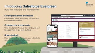 Leverage serverless architecture
Create event driven apps using functions and
microservices patterns
Combine code and low-code
Write functions in Node.js, Java and Apex and
leverage them in low-code builders
Scale elastically
Build customer and employee apps with elastic
compute powered by Kubernetes
Build with functions and microservices
Introducing Salesforce Evergreen
 