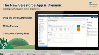 The New Salesforce App is Dynamic
Create powerful custom mobile experiences
Drag-and-Drop Customization
Mobile Preview
Component Visibility Rules
 