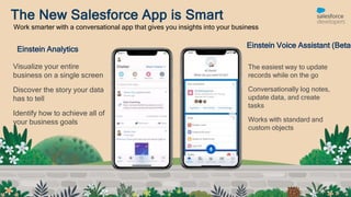 The New Salesforce App is Smart
Work smarter with a conversational app that gives you insights into your business
Einstein Analytics
Einstein Voice Assistant (Beta)
Visualize your entire
business on a single screen
Discover the story your data
has to tell
Identify how to achieve all of
your business goals
The easiest way to update
records while on the go
Conversationally log notes,
update data, and create
tasks
Works with standard and
custom objects
 