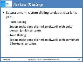 Sistem Dialing 
• Secara umum, sistem dialing terdapat dua jenis 
yaitu 
– Pulse Dialing 
Setiap angka yang dikirimkan diwakili oleh pulsa 
dengan jumlah tertentu. 
– Tone Dialing 
Setiap angka yang dikirimkan diwakili oleh kombinasi 
2 frekuensi tertentu. 
09/08/14 TE091313 - Dasar Sistem Telekomunikasi 15 
 