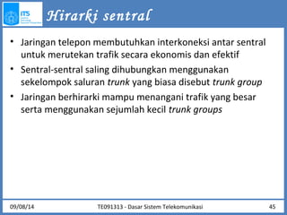 Hirarki sentral 
• Jaringan telepon membutuhkan interkoneksi antar sentral 
untuk merutekan trafik secara ekonomis dan efektif 
• Sentral-sentral saling dihubungkan menggunakan 
sekelompok saluran trunk yang biasa disebut trunk group 
• Jaringan berhirarki mampu menangani trafik yang besar 
serta menggunakan sejumlah kecil trunk groups 
09/08/14 45 
TE091313 - Dasar Sistem Telekomunikasi 
 