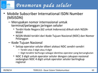 Penomoran pada seluler 
• Mobile Subscriber International ISDN Number 
(MSISDN) 
– Merupakan nomor internasional untuk 
terminal/pelanggan jaringan seluler 
• Terdiri Kode Negara (62 untuk Indonesia) diikuti oleh N(S)N-Mobil 
• N(S)N-Mobil teridiri dari Kode Tujuan Nasional (NDC) dan Nomor 
Pelanggan 
– Kode Tujuan Nasional 
• Setiap operator seluler diberi alokasi NDC sendiri-sendiri 
– Terdiri atas 3 digit atau 4 digit 
– Digit terakhir berfungsi sebagai identitas operator yang bersangkutan 
• NDC 3 digit untuk operator seluler dengan cakupan nasional 
sedangkan NDC 4 digit untuk operator seluler berlingkup 
regional 
09/08/14 TE091313 - Dasar Sistem Telekomunikasi 62 
 