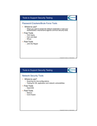 9/5/2012

Tools to Support Security Testing
Password Crackers/Brute Force Tools
Where to use?
– When you want to break the default credentials or test your
authentication mechanisms against common security tools.

Free Tools
– THC Hydra
– Cain and Abel
– Wfuzz

Paid Tools
– John the Ripper

© Copyright 2011 Coveros, Inc.. All rights reserved.

53

Tools to Support Security Testing
Network Security Tools
Where to use?
– Scanning for mis-configurations
– Testing for OS, application and network vulnerabilities

Free Tools
– OpenVAS

Paid Tools
– Nessus
– Core Impact

© Copyright 2011 Coveros, Inc.. All rights reserved.

54

27

 