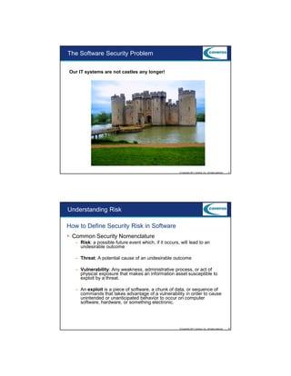 9/5/2012

The Software Security Problem
Our IT systems are not castles any longer!

© Copyright 2011 Coveros, Inc.. All rights reserved.

9

Understanding Risk
How to Define Security Risk in Software
Common Security Nomenclature
– Risk: a possible future event which, if it occurs, will lead to an
undesirable outcome
– Threat: A potential cause of an undesirable outcome
– Vulnerability: Any weakness, administrative process, or act of
physical exposure that makes an information asset susceptible to
exploit by a threat.
– An exploit is a piece of software, a chunk of data, or sequence of
commands that takes advantage of a vulnerability in order to cause
unintended or unanticipated behavior to occur on computer
software, hardware, or something electronic.

© Copyright 2011 Coveros, Inc.. All rights reserved.

10

5

 