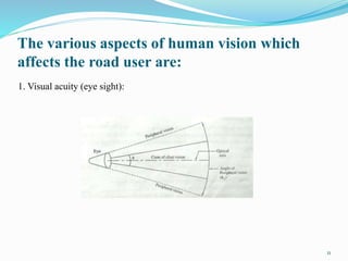 The various aspects of human vision which
affects the road user are:
1. Visual acuity (eye sight):
11
 