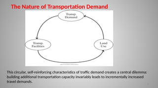 3
The Nature of Transportation Demand
This circular, self-reinforcing characteristics of traffic demand creates a central dilemma:
building additional transportation capacity invariably leads to incrementally increased
travel demands.
 