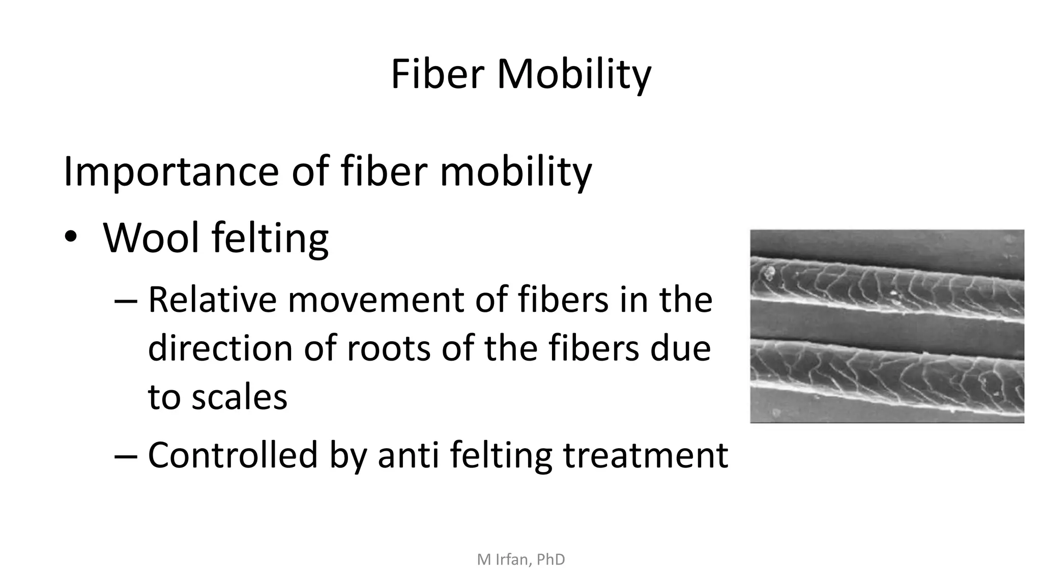 Fiber Mobility
Importance of fiber mobility
• Wool felting
– Relative movement of fibers in the
direction of roots of the fibers due
to scales
– Controlled by anti felting treatment
M Irfan, PhD
 