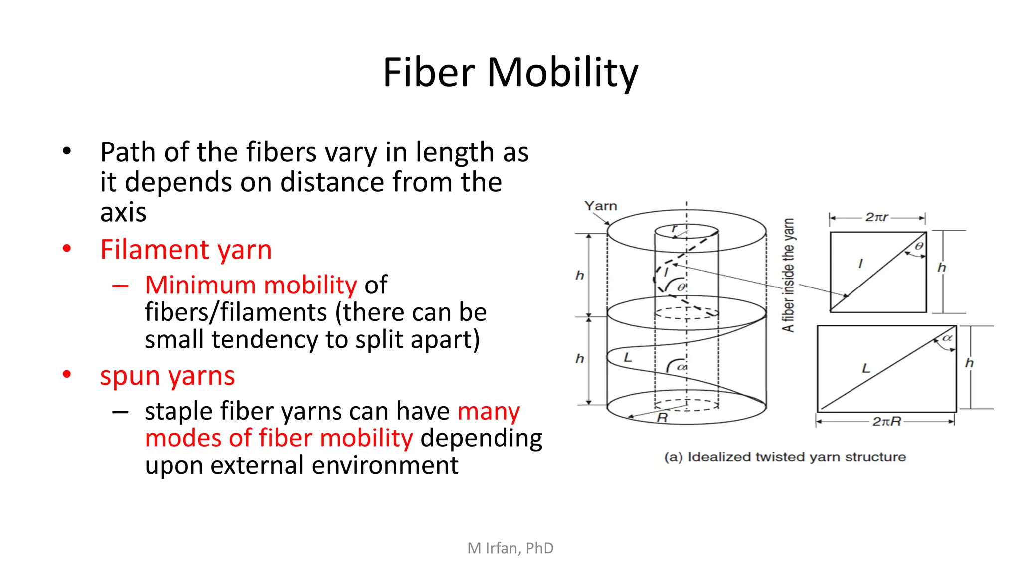 Fiber Mobility
• Path of the fibers vary in length as
it depends on distance from the
axis
• Filament yarn
– Minimum mobility of
fibers/filaments (there can be
small tendency to split apart)
• spun yarns
– staple fiber yarns can have many
modes of fiber mobility depending
upon external environment
M Irfan, PhD
 
