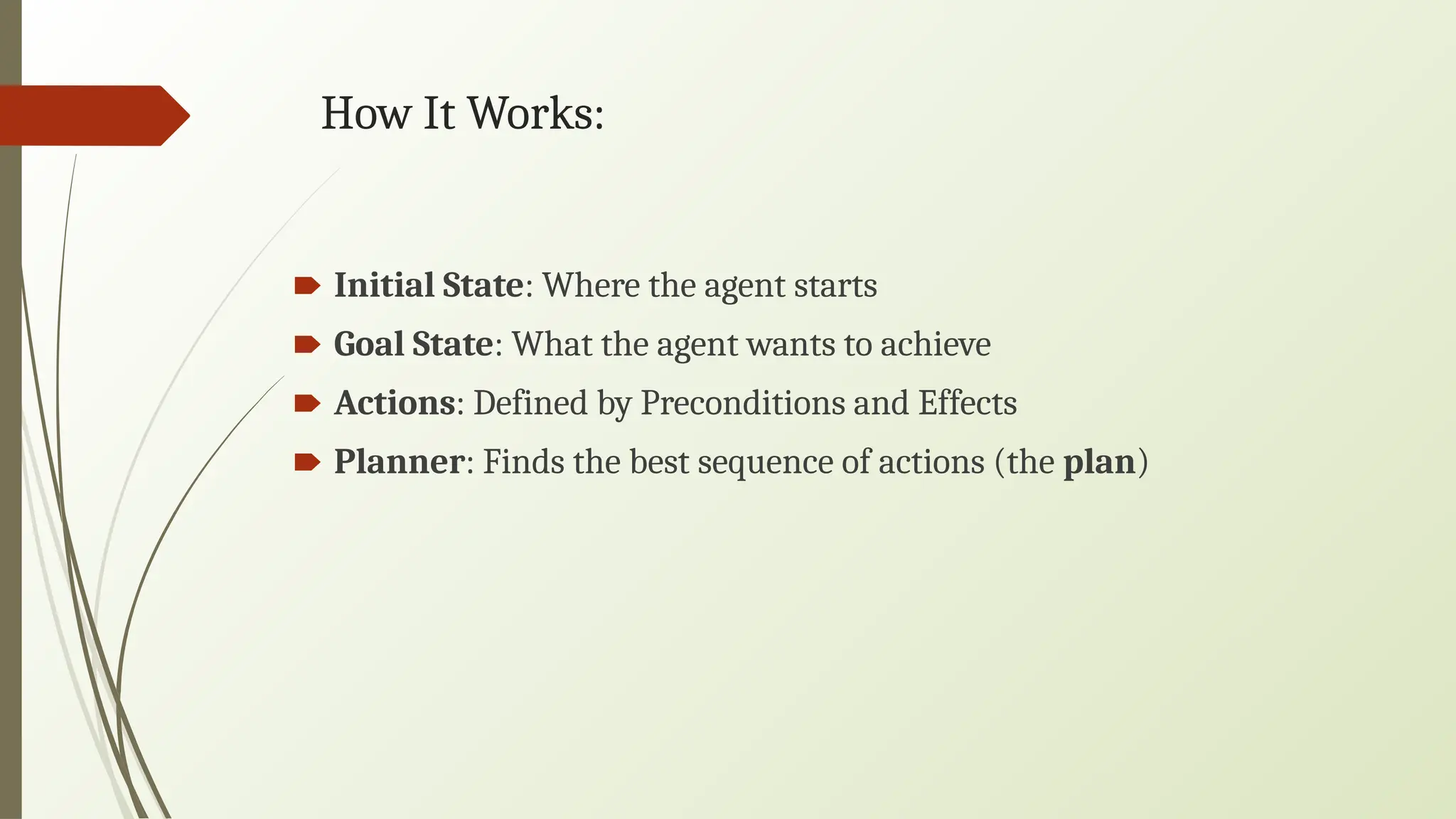How It Works:
🠶 Initial State: Where the agent starts
🠶 Goal State: What the agent wants to achieve
🠶 Actions: Defined by Preconditions and Effects
🠶 Planner: Finds the best sequence of actions (the plan)
 