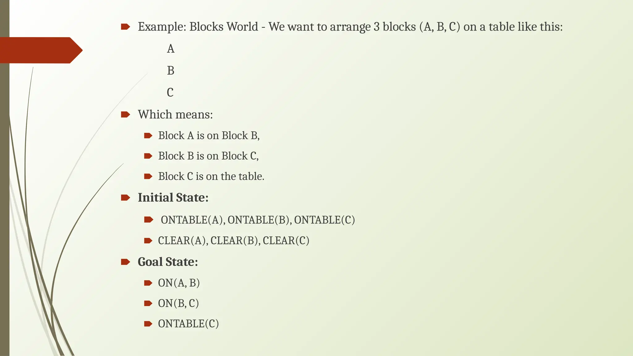🠶 Example: Blocks World - We want to arrange 3 blocks (A, B, C) on a table like this:
A
B
C
🠶 Which means:
🠶 Block A is on Block B,
🠶 Block B is on Block C,
🠶 Block C is on the table.
🠶 Initial State:
🠶 ONTABLE(A), ONTABLE(B), ONTABLE(C)
🠶 CLEAR(A), CLEAR(B), CLEAR(C)
🠶 Goal State:
🠶 ON(A, B)
🠶 ON(B, C)
🠶 ONTABLE(C)
 