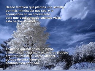 Deseo también que plantes una semilla, por más minúscula que sea, y la acompañes en su crecimiento, para que descubras de cuantas vidas está hecho un árbol. Te deseo que acaricies un perro, alimentes a un pájaro y oigas a un jilguero erguir triunfante su canto matinal, porque de esta manera, sentirás bien por nada. 