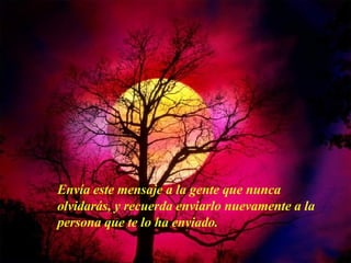 Envía este mensaje a la gente que nunca olvidarás, y recuerda enviarlo nuevamente a la persona que te lo ha enviado. 