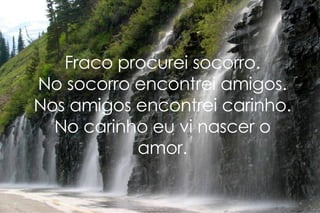 Fraco procurei socorro. No socorro encontrei amigos. Nos amigos encontrei carinho. No carinho eu vi nascer o amor. 