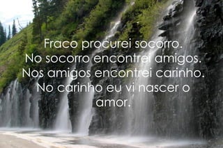 Fraco procurei socorro. No socorro encontrei amigos. Nos amigos encontrei carinho. No carinho eu vi nascer o amor. 