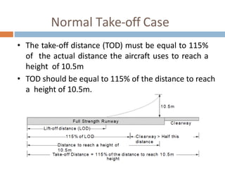 Normal Take-off Case
• The take-off distance (TOD) must be equal to 115%
of the actual distance the aircraft uses to reach a
height of 10.5m
• TOD should be equal to 115% of the distance to reach
a height of 10.5m.
 