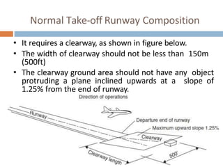 Normal Take-off Runway Composition
• It requires a clearway, as shown in figure below.
• The width of clearway should not be less than 150m
(500ft)
• The clearway ground area should not have any object
protruding a plane inclined upwards at a slope of
1.25% from the end of runway.
 