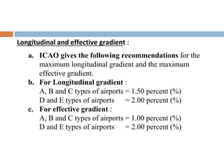 Longitudinal and effective gradient :
a. ICAO gives the following recommendations for the
maximum longitudinal gradient and the maximum
effective gradient.
b. For Longitudinal gradient :
A, B and C types of airports = 1.50 percent (%)
D and E types of airports = 2.00 percent (%)
c. For effective gradient :
A, B and C types of airports = 1.00 percent (%)
D and E types of airports = 2.00 percent (%)
 