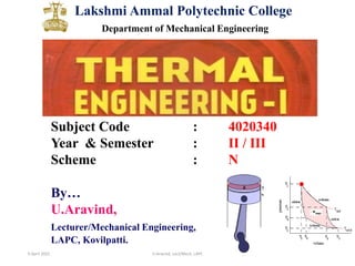 6 April 2022 U.Aravind, Lect/Mech, LAPC 1
Lakshmi Ammal Polytechnic College
Department of Mechanical Engineering
Subject Code : 4020340
Year & Semester : II / III
Scheme : N
By…
U.Aravind,
Lecturer/Mechanical Engineering,
LAPC, Kovilpatti.
 