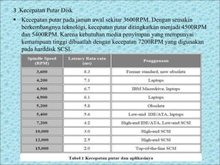 3 .Kecepatan Putar Disk
 Kecepatan putar pada jaman awal sekitar 3600RPM. Dengan semakin
berkembangnya teknologi, kecepatan putar ditingkatkan menjadi 4500RPM
dan 5400RPM. Karena kebutuhan media penyimpan yang mempunyai
kemampuan tinggi dibuatlah dengan kecepatan 7200RPM yang digunakan
pada harddisk SCSI.
 