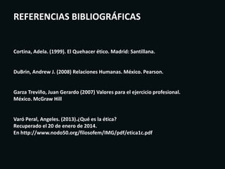 Cortina, Adela. (1999). El Quehacer ético. Madrid: Santillana.
DuBrin, Andrew J. (2008) Relaciones Humanas. México. Pearson.
Garza Treviño, Juan Gerardo (2007) Valores para el ejercicio profesional.
México. McGraw Hill
Varó Peral, Angeles. (2013).¿Qué es la ética?
Recuperado el 20 de enero de 2014.
En http://www.nodo50.org/filosofem/IMG/pdf/etica1c.pdf
REFERENCIAS BIBLIOGRÁFICAS
 