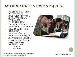 ESTUDIO DE TEXTOS EN EQUIPO
 1.    PRIMERA LECTURA
       (SILENCIOSA)
 2.    SEGUNDA LECTURA
       (RESALTA IDEAS-
       PÁRRAFOS-
       PRINCIPALES)
 3.    DEDUCCIÓN DE IDEA
       PRINCIPAL DEL TEXTO
 4.    ELABORACIÓN DE
       RESUMEN
 5.    EXPOSICIÓN DE
       RESUMEN EN EQUIPO
 6.    SÍNTESIS DE EQUIPO
 7.    CONSTRUCCIÓN DE
       ESQUEMAS DE
       APRENDIZAJE
      a)   CUADROS
      b)   GRÁFICOS


TÉCNICAS DE EXPRESIÓN ORAL Y ESCRITA
                                       MSC.CARLOS MASSUH V.
LECTURA TÉCNICA DE TEXTOS
 