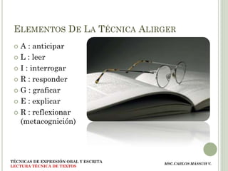 ELEMENTOS DE LA TÉCNICA ALIRGER
  A : anticipar
  L : leer

  I : interrogar

  R : responder

  G : graficar

  E : explicar

  R : reflexionar
   (metacognición)




TÉCNICAS DE EXPRESIÓN ORAL Y ESCRITA
                                       MSC.CARLOS MASSUH V.
LECTURA TÉCNICA DE TEXTOS
 