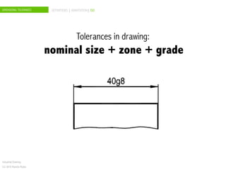 DIMENSIONAL TOLERANCES DEFINITIONS | ANNOTATION| ISO
Industrial Drawing
CC 2015 Ramón Rubio
Tolerances in drawing:
nominal size + zone + grade
 
