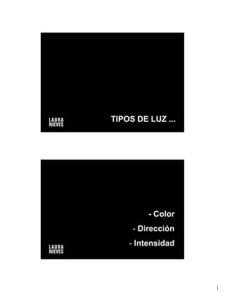 TIPOS DE LUZ ...




         - Color
     - Dirección
    - Intensidad




                   1
 