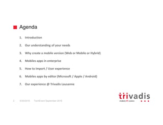 Agenda
TechEvent September 20162 9/30/2016
1. Introduction
2. Our understanding of your needs
3. Why create a mobile versi...