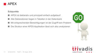 APEX
FAAT – TE Sept. 201611 22.09.2016
Eckpunkte
APEX ist deklarativ und prinzipiell einfach aufgebaut!
Alle Deklarationen liegen in Tabellen in der Datenbank
Mit entsprechenden Berechtigungen ist der Zugriff kein Problem
Die Struktur einer APEX-Applikation lässt sich also analysieren
 