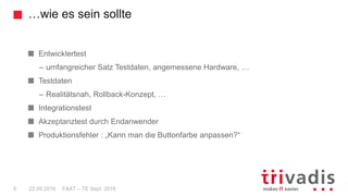 …wie es sein sollte
FAAT – TE Sept. 20166 22.09.2016
Entwicklertest
– umfangreicher Satz Testdaten, angemessene Hardware, …
Testdaten
– Realitätsnah, Rollback-Konzept, …
Integrationstest
Akzeptanztest durch Endanwender
Produktionsfehler : „Kann man die Buttonfarbe anpassen?“
 