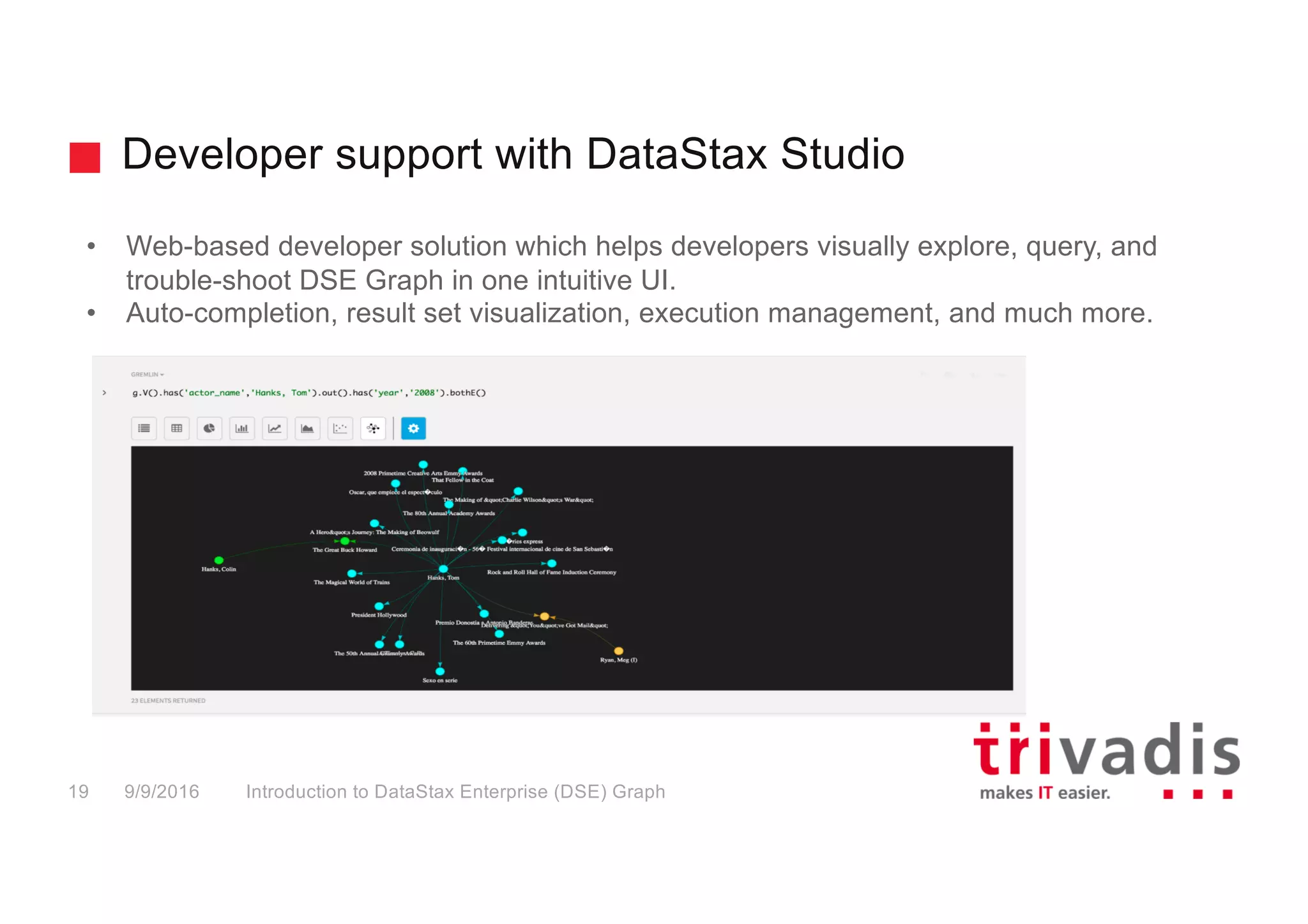 • Web-based developer solution which helps developers visually explore, query, and
trouble-shoot DSE Graph in one intuitive UI.
• Auto-completion, result set visualization, execution management, and much more.
Developer support with DataStax Studio
Introduction to DataStax Enterprise (DSE) Graph19 9/9/2016
 