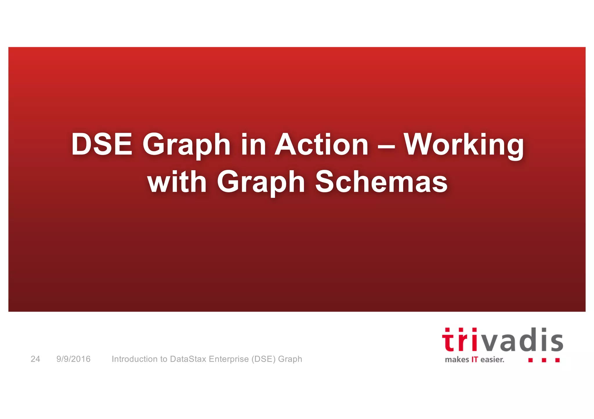 DSE Graph in Action – Working
with Graph Schemas
Introduction to DataStax Enterprise (DSE) Graph24 9/9/2016
 