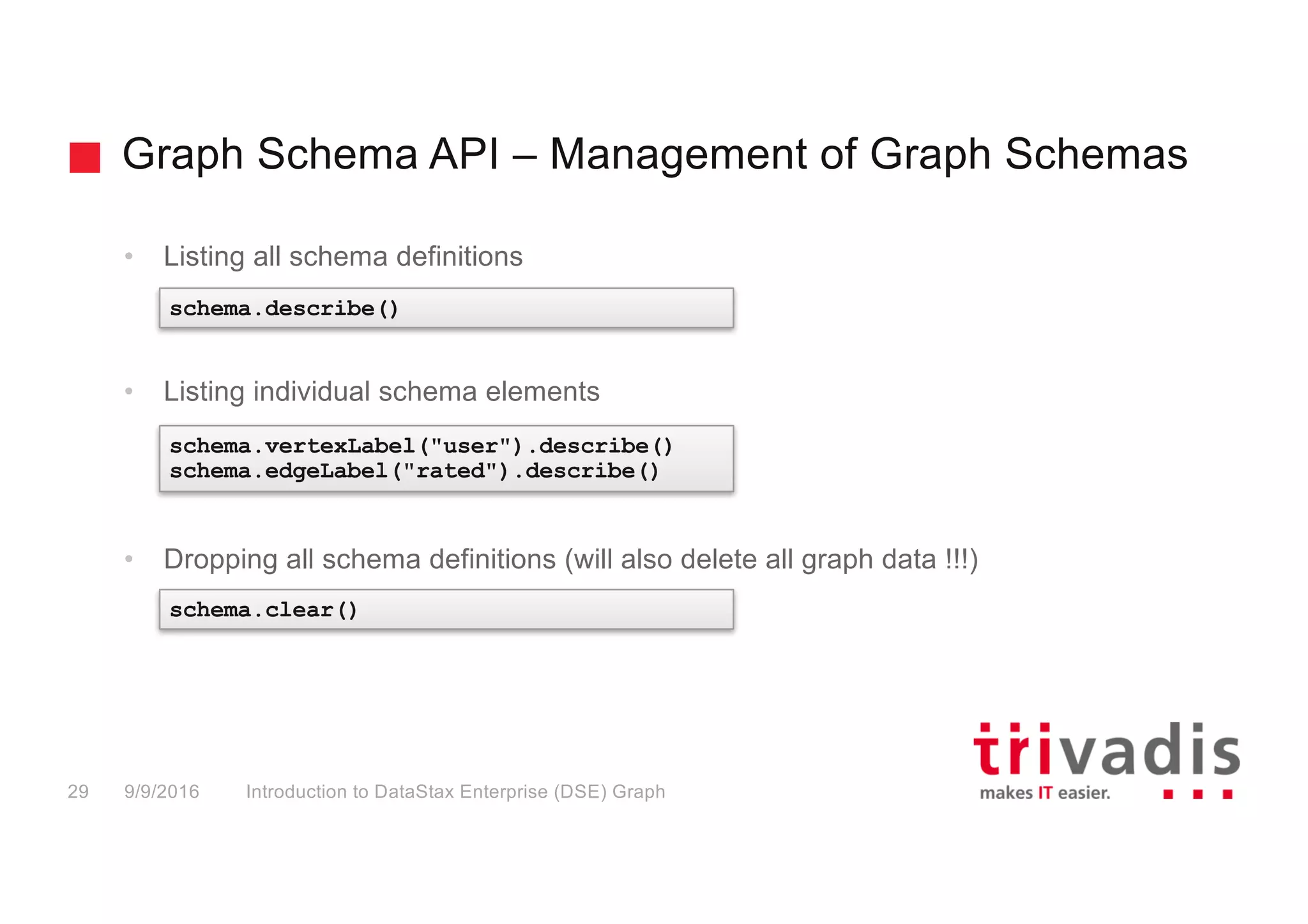 Graph Schema API – Management of Graph Schemas
Introduction to DataStax Enterprise (DSE) Graph29 9/9/2016
• Listing all schema definitions
• Listing individual schema elements
• Dropping all schema definitions (will also delete all graph data !!!)
schema.describe()
schema.vertexLabel("user").describe()
schema.edgeLabel("rated").describe()
schema.clear()
 