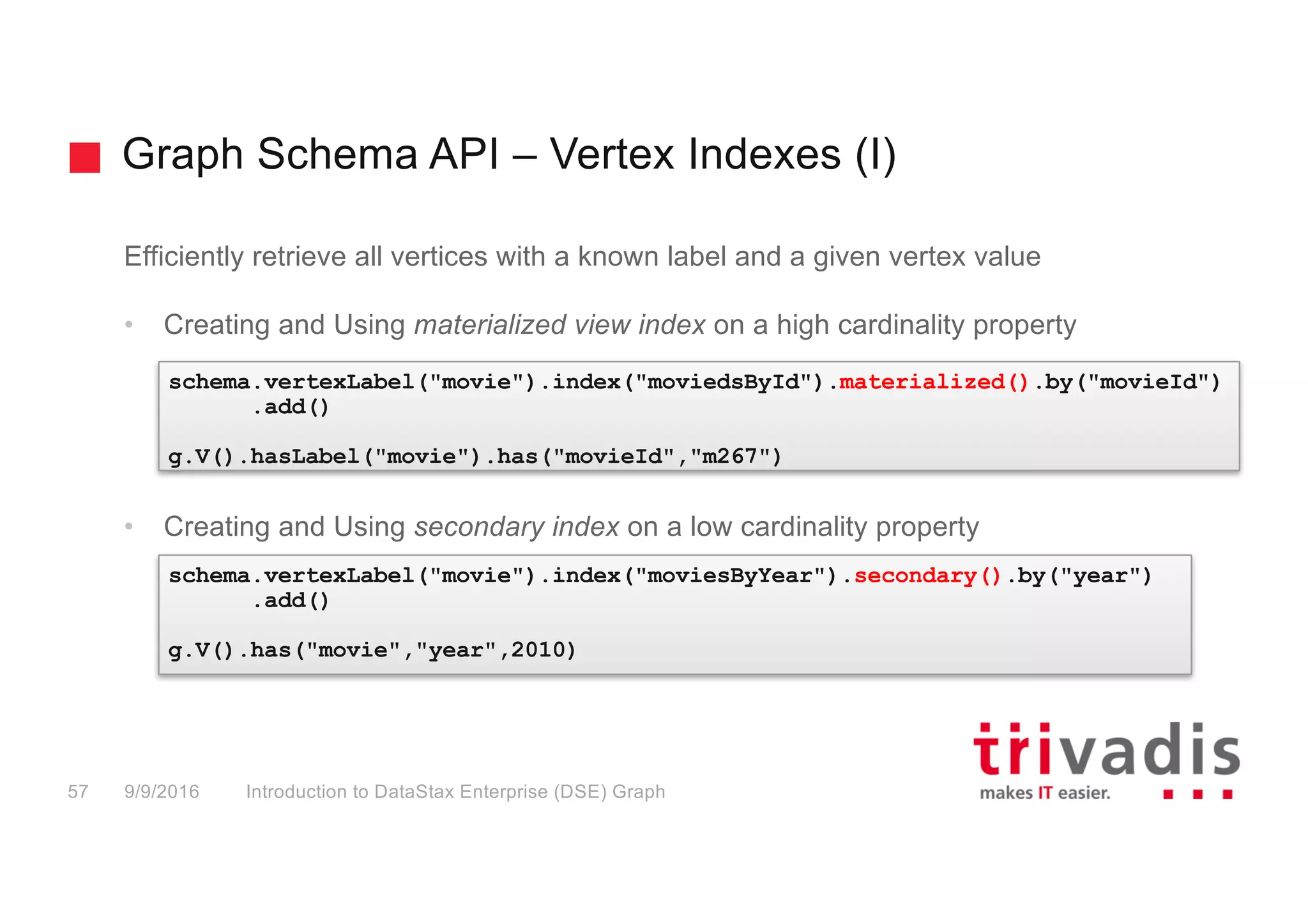 Graph Schema API – Vertex Indexes (I)
Introduction to DataStax Enterprise (DSE) Graph57 9/9/2016
Efficiently retrieve all vertices with a known label and a given vertex value
• Creating and Using materialized view index on a high cardinality property
• Creating and Using secondary index on a low cardinality property
schema.vertexLabel("movie").index("moviedsById").materialized().by("movieId")
.add()
g.V().hasLabel("movie").has("movieId","m267")
schema.vertexLabel("movie").index("moviesByYear").secondary().by("year")
.add()
g.V().has("movie","year",2010)
 