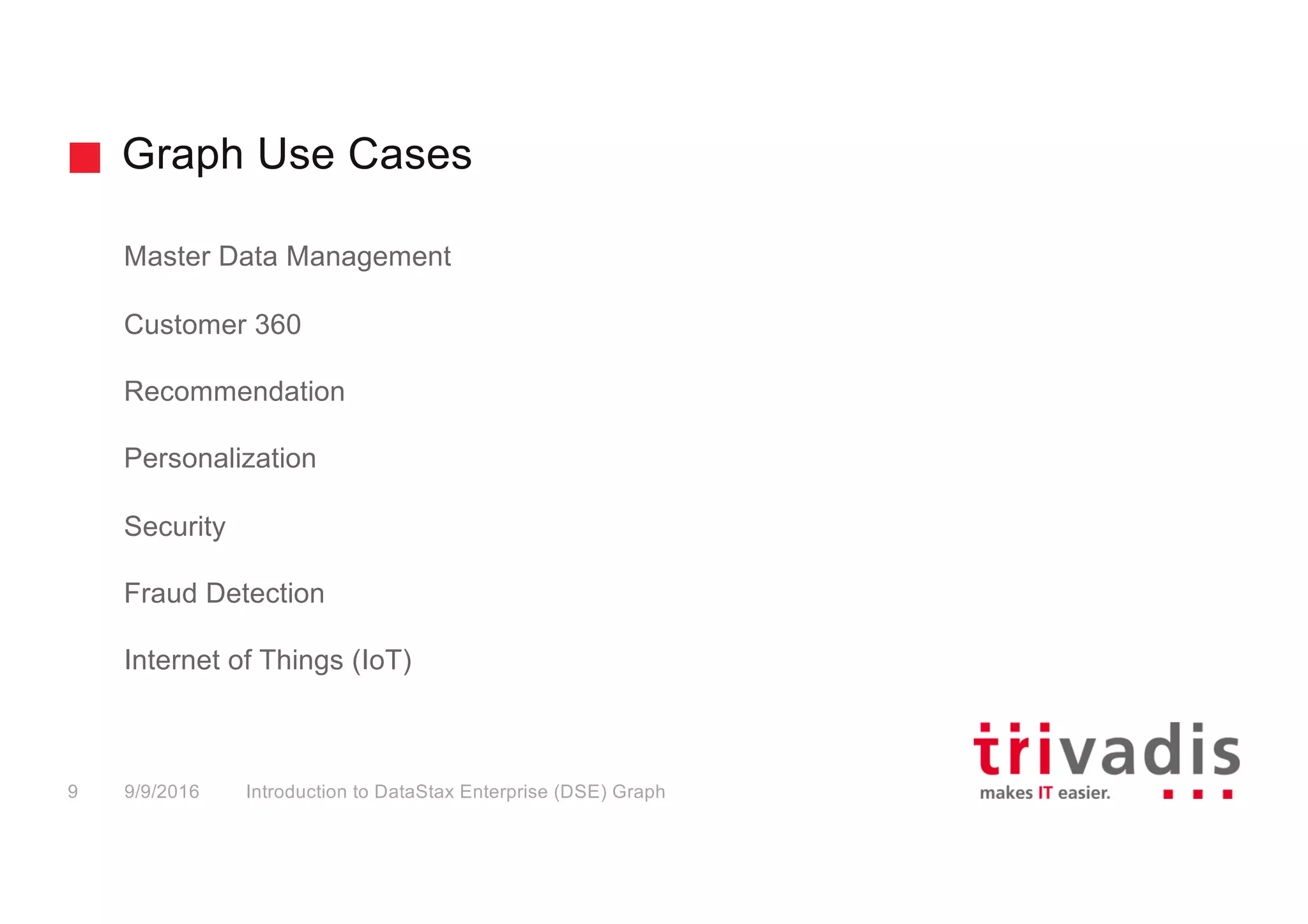 Graph Use Cases
Introduction to DataStax Enterprise (DSE) Graph9 9/9/2016
Master Data Management
Customer 360
Recommendation
Personalization
Security
Fraud Detection
Internet of Things (IoT)
 