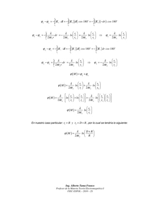 r1                   r1                         r1

           ϕr − ϕr = − ∫ E+ ⋅ dl = − ∫ E + dl cos 180 = − ∫ E+ ( −dr ) cos 180o
            1          o
                                                                                  o

                                    ro                       ro                         ro



                 r1
                        λ             λ       r     λ       r                                               λ      r 
ϕr − ϕr = − ∫                 dr = −       ln  1  =      ln  o                                ⇒     ϕr =        ln  o 
  1    o
                 ro
                      2πε o r        2πε o     ro  2πε o     r1 
                                                                                                          1
                                                                                                               2πε o  r1 

                                             r2                   r2                         r2

            ϕ r − ϕr = − ∫ E − ⋅ dl = − ∫ E− dl cos 180o = − ∫ E− dr cos 180o
                 2             o
                                             ro                   ro                         ro



                                   r2
                                           λ           λ      r                                      λ      r 
           ϕ r − ϕr = ∫                          dr =      ln  2                ⇒     ϕr = −             ln  2 
             2             o
                                   ro    2πε o r      2πε o  ro                             2
                                                                                                      2πε o  ro 


                                                                  ϕ ( M ) = ϕr + ϕr
                                                                             1    2




                                                               λ      r     λ    r 
                                                  ϕ (M ) =         ln  o  +   ln  2 
                                                              2πε o  r1  2πε o  r0 

                                               λ   ro          r2    λ        r   r  
                      ϕ (M ) =                      ln   + ln    =        ln  o   2  
                                              2πε o   r1       ro   2πε o     r1   ro  

                                                                         λ      r 
                                                         ϕ (M ) =            ln  2 
                                                                        2πε o  r1 


En nuestro caso particular: r1 = R y r2 = D + R , por lo cual se tendría lo siguiente:


                                                                        λ       D+R
                                                       ϕ (M ) =             ln     
                                                                       2πε o  R 




                                                        Ing. Alberto Tama Franco
                                             Profesor de la Materia Teoría Electromagnética I
                                                        FIEC-ESPOL – 2010 – 2S
 