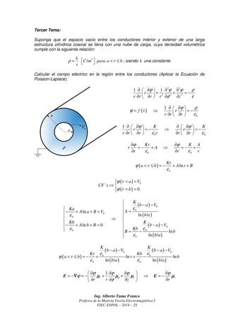 e 
e 
= = ⇒ = 
E E E MV m 
e 
e 
= = ⇒ =  
E E E MV m MV m 
e 
e 
= = ⇒ =  
E E E MV m MV m 
e 
e 
= = ⇒ =  
E E E MV m MV m 
e e 
r r 
V K d K d K d K 
e 
= + + =  + +  
r 
  
d d d 
e e e e e 
  
r r r r r 
V − MV   
=  + + × 
  
Ing. Alberto Tama Franco 
Profesor de la Materia Teoría Electromagnética I 
FIEC-ESPOL – 2014 – 2S 
Segunda Evaluación.- 
Si E = K =15 [ MV /m 
] 2 2 
( ) [ ] 2 
1 2 2 
1 
5 
15 25 / 
3 
r 
r 
( ) [ ] [ ] 2 
3 2 3 
3 
5 
15 37.5 / 20 / 
2 
r 
r 
Tercera Evaluación.- 
[ ] 3 3 
E = K = 20 MV /m 
( ) [ ] [ ] 3 
1 3 1 
1 
2 
20 13.33 / 25 / 
3 
r 
r 
( ) [ ] [ ] 3 
2 3 2 
2 
2 
20 8 / 15 / 
5 
r 
r 
De las evaluaciones anteriores, se puede concluir que si el campo eléctrico en el dieléctrico 
3 iguala a su fortaleza dieléctrica; esto es 20 [MV /m] se hará presente entonces, un 
campo eléctrico en el dieléctrico 1, de valor 13.33 [MV /m] ; y un campo eléctrico en el 
dieléctrico 2, de valor 8 [MV /m], intensidades de campo eléctrico que no superan las 
fortalezas dieléctricas de los dieléctricos 1 y 2 respectivamente. 
En virtud de lo anterior, y para determinar el voltaje de ruptura del presente capacitor, se 
debe trabajar, como límite, con la restricción de la Tercera Evaluación, es decir: 
3 3 1 2 3 
0 3 1 3 2 3 3 3 3 
1 2 1 2 3 
( ) [ ] 3 
0 
3 4 5 
2 20 10 
3 5 2 
[ ] 0 
V = 172 kV 
Segunda Metodología: 
Para resolver el presente problema, aplicaremos la técnica conocida como Programación 
Lineal, donde la función objetivo a maximizarse es el voltaje de ruptura 0 V . 
Aquí se debe tener presente que que existen 3 variables (los campos eléctricos) y 5 
restricciones (los límites de cada campo eléctrico en cada dieléctrico y la segunda 
condición de frontera), es decir: 
 