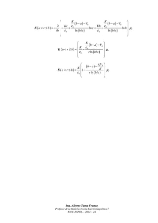 Máx E E E 
E E Segunda Condición especial de Frontera 
E E Segunda Condición especial de Frontera 
E 
E 
E 
+ +  
1 2 3 
− = ⇒  
Ing. Alberto Tama Franco 
− = ⇒  
Profesor de la Materia Teoría Electromagnética I 
FIEC-ESPOL – 2014 – 2S 
1 2 
2 3 
1 
2 
3 
: 0.003 0.004 0.005 
3 5 0   
5 2 0   
25 
15 
20 
£  
£ 
 
£  
Al efectuar la evaluación respectiva, se obtiene lo siguiente: 
[ ] [ ] [ ] [ ] 1 2 3 0 
E =13.33 MV /m E = 8 MV /m E = 20 MV /m V =172 kV 
