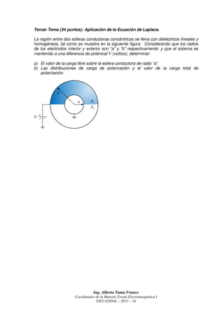 Ing. Alberto Tama Franco
Coordinador de la Materia Teoría Electromagnética I
FIEC-ESPOL – 2015 – 1S
Tercer Tema (34 puntos): Aplicación de la Ecuación de Laplace.
La región entre dos esferas conductoras concéntricas se llena con dieléctricos lineales y
homogéneos, tal como se muestra en la siguiente figura. Considerando que los radios
de los electrodos interior y exterior son “a” y “b” respectivamente; y que el sistema es
mantenido a una diferencia de potencial V (voltios), determinar:
a) El valor de la carga libre sobre la esfera conductora de radio “a”.
b) Las distribuciones de carga de polarización y el valor de la carga total de
polarización.
1ε
2ε
b
a
V
 