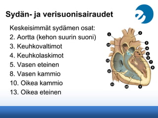 Sydän- ja verisuonisairaudet
Keskeisimmät sydämen osat:
2. Aortta (kehon suurin suoni)
3. Keuhkovaltimot
4. Keuhkolaskimot
5. Vasen eteinen
8. Vasen kammio
10. Oikea kammio
13. Oikea eteinen
 