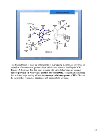 The Internet today is made up of thousands of overlapping hierarchical networks, an
overview of the common, general characteristics can be made. Stallings DCC8e
Figure 1.5 illustrates this. See hosts grouped into LANs, linked to an an Internet
service provider (ISP) through a point of presence (POP). The connection is made
in a series of steps starting with the customer premises equipment (CPE). ISPs can
be classified as regional or backbone, with peering links between.
19
 