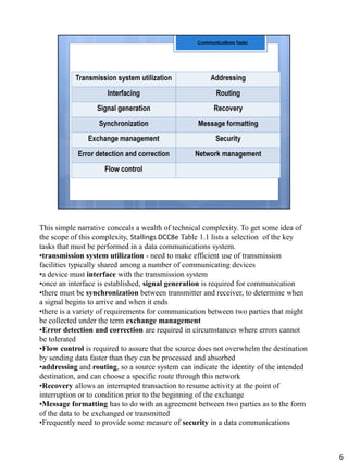 This simple narrative conceals a wealth of technical complexity. To get some idea of
the scope of this complexity, Stallings DCC8e Table 1.1 lists a selection of the key
tasks that must be performed in a data communications system.
•transmission system utilization - need to make efficient use of transmission
facilities typically shared among a number of communicating devices
•a device must interface with the transmission system
•once an interface is established, signal generation is required for communication
•there must be synchronization between transmitter and receiver, to determine when
a signal begins to arrive and when it ends
•there is a variety of requirements for communication between two parties that might
be collected under the term exchange management
•Error detection and correction are required in circumstances where errors cannot
be tolerated
•Flow control is required to assure that the source does not overwhelm the destination
by sending data faster than they can be processed and absorbed
•addressing and routing, so a source system can indicate the identity of the intended
destination, and can choose a specific route through this network
•Recovery allows an interrupted transaction to resume activity at the point of
interruption or to condition prior to the beginning of the exchange
•Message formatting has to do with an agreement between two parties as to the form
of the data to be exchanged or transmitted
•Frequently need to provide some measure of security in a data communications
6
 