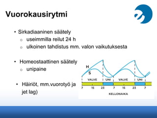 Vuorokausirytmi
• Sirkadiaaninen säätely
o useimmilla reilut 24 h
o ulkoinen tahdistus mm. valon vaikutuksesta
• Homeostaattinen säätely
o unipaine
• Häiriöt, mm.vuorotyö ja
jet lag)
 