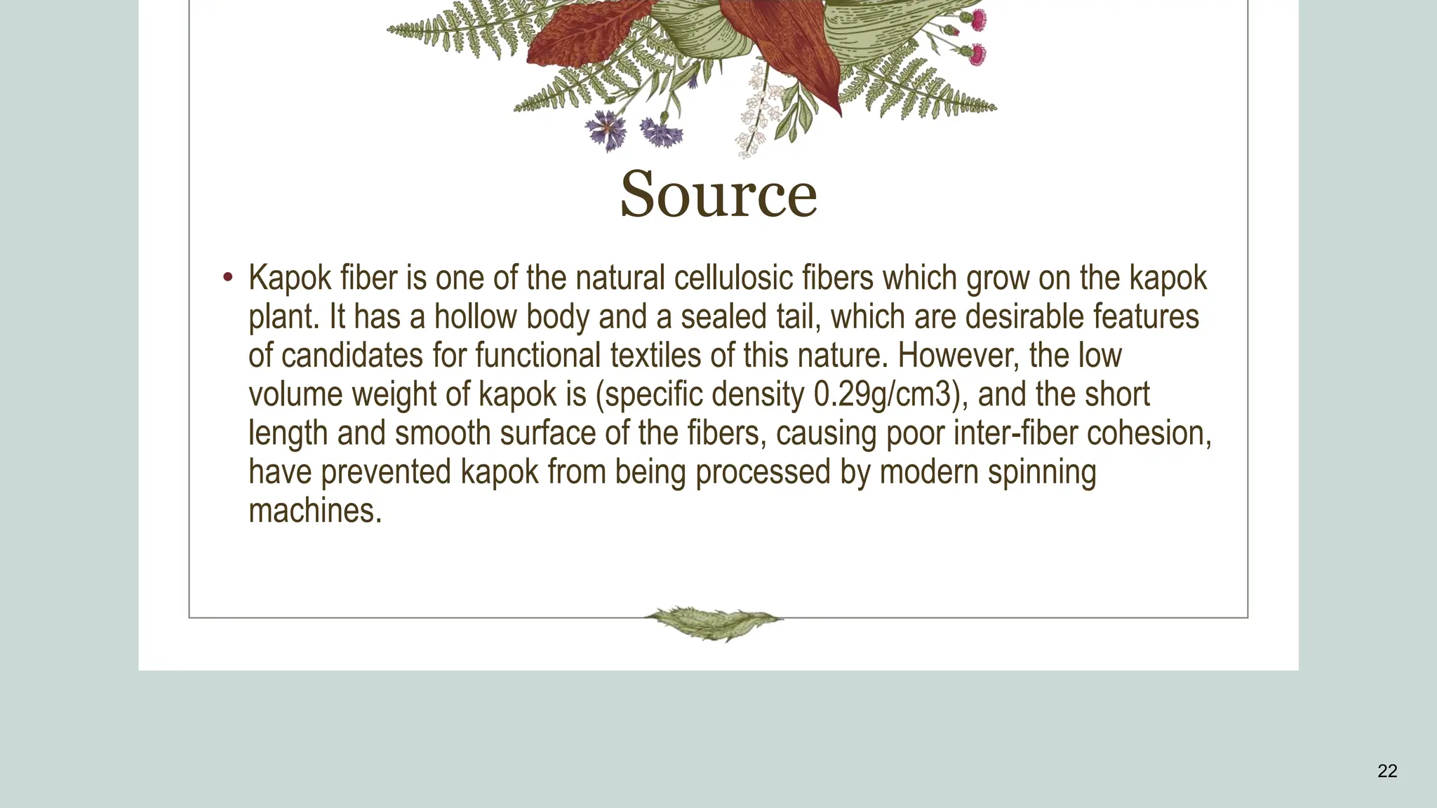Source
22
• Kapok fiber is one of the natural cellulosic fibers which grow on the kapok
plant. It has a hollow body and a sealed tail, which are desirable features
of candidates for functional textiles of this nature. However, the low
volume weight of kapok is (specific density 0.29g/cm3), and the short
length and smooth surface of the fibers, causing poor inter-fiber cohesion,
have prevented kapok from being processed by modern spinning
machines.
 