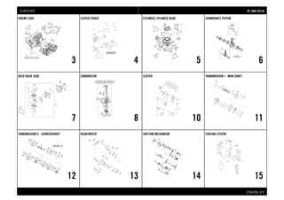ENGINE # 11
ENGINE CASE
3
CLUTCH COVER
4
CYLINDER, CYLINDER HEAD
5
CRANKSHAFT, PISTON
6
REED VALVE CASE
7
CARBURETOR
8
CLUTCH
10
TRANSMISSION I - MAIN SHAFT
11
TRANSMISSION II - COUNTERSHAFT
12
KICKSTARTER
13
SHIFTING MECHANISM
14
COOLING SYSTEM
15
TTEE 330000 22001166CONTENT
 