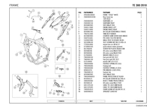 X ON DEMAND* NEW PART48017
CHASSIS # 88
POS PARTNUMBER PARTNAME PIECE
1 2450300100028 FRAME ''245Q2'' WHITE 1
2 2500300201033A Rear frame top
with Decal
1
3 25003002020 SUBFRAME L/S 1
4 25003002130 SUBFRAME RIGHT 1
5 0035080206S SHCS M8x20 TX45 4
6 55403113000 ENGINE BRACE LEFT 1
7 55403114000 ENGINE BRACE RIGHT 1
8 0035080156S AH-COLLAR SCREW M8X15 TORX45 4
9 79607012000 TANK REST RUBBER 1
11 0019080306S COUNTER-SUNK SCREW ISA45 M8X30 4
12 55007016001 PVC-HOSE 7X10 PER METER x
13 51030022000 ANGLE PIECE 90 DEGREE M10X1 1
14 54310086100 SELF LOCKING NUT M10 CU WS=14 2
15 77203014000 engine brac.scr. M10x115 2
16 47106003160 quick release rubber grommet 4
17 0017060205 SCREW FOR PLASTIC K60X20 SW6 1
18 0025080306 HH collar screw M8x30 TX40 2
19 0025060406 HH collar screw M6x40 TX30 1
20 0125060003 WASHER DIN0125-A 6,4 1
21 79603040100 Foot grid left EXC 2017 1
22 79603041100 Foot grid right EXC 2017 1
23 0125100003 washer DIN 125 A 10.5 2
24 79003044000 FOOTREST SPRING R/S 2016 1
25 79003046000 Footpeg bolt 2
26 79003045000 FOOTREST SPRING L/S 2016 1
27 0094032253 PIN DIN0094-3,2X25 STEEL 2
28 79603040133 Footrest-Set 1
29 0035080206S SHCS M8x20 TX45 2
30 7900309400033 FRAME PROTECTION SET BLACK 1
31 0014050123 HH COLLAR SCREW M 5X12 WS=6 3
32 54803092060 BUSH F. FRAME PROTECTION 03 2
33 0025060126 HH collar screw M6x12 TX30 1
34 44011076140 CABLE TIE 140/2,5MM BLACK x
34 44011076305 CABLE TIE 300/4,8MM BLACK x
98 79003053010 CHAIN SLIDING KIT BELOW CPL.16 1
99 50403096010 SPROCKET COVER KIT 1
172650310
TTEE 330000 22001188FRAME
 
